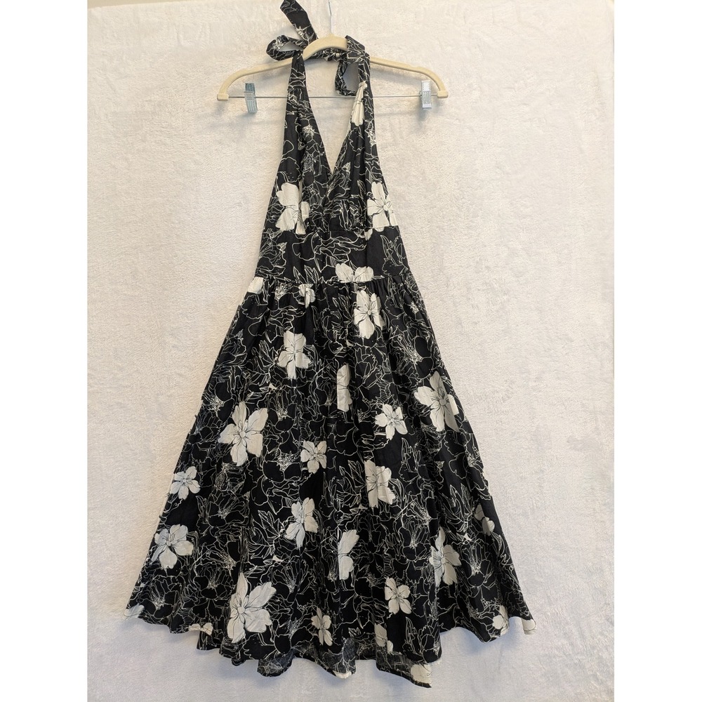 Unique Vintage Black Floral Halter Dress Size S/4 Cotton Fit & Flare Sundress‎
